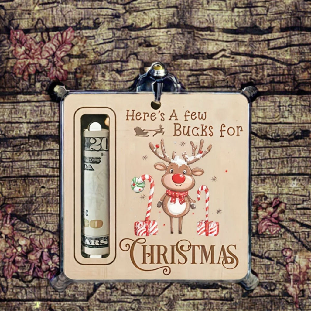 Christmas Reindeer Wooden Money Holder Ornament - Festive Cash Gift Ornament