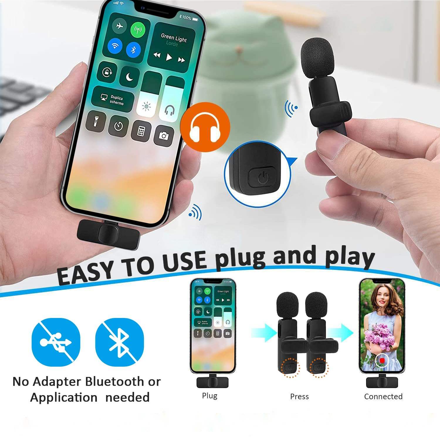 Wireless Lavalier Microphone Set (2 Mics + Receiver) - Plug-and-Play for Smartphones